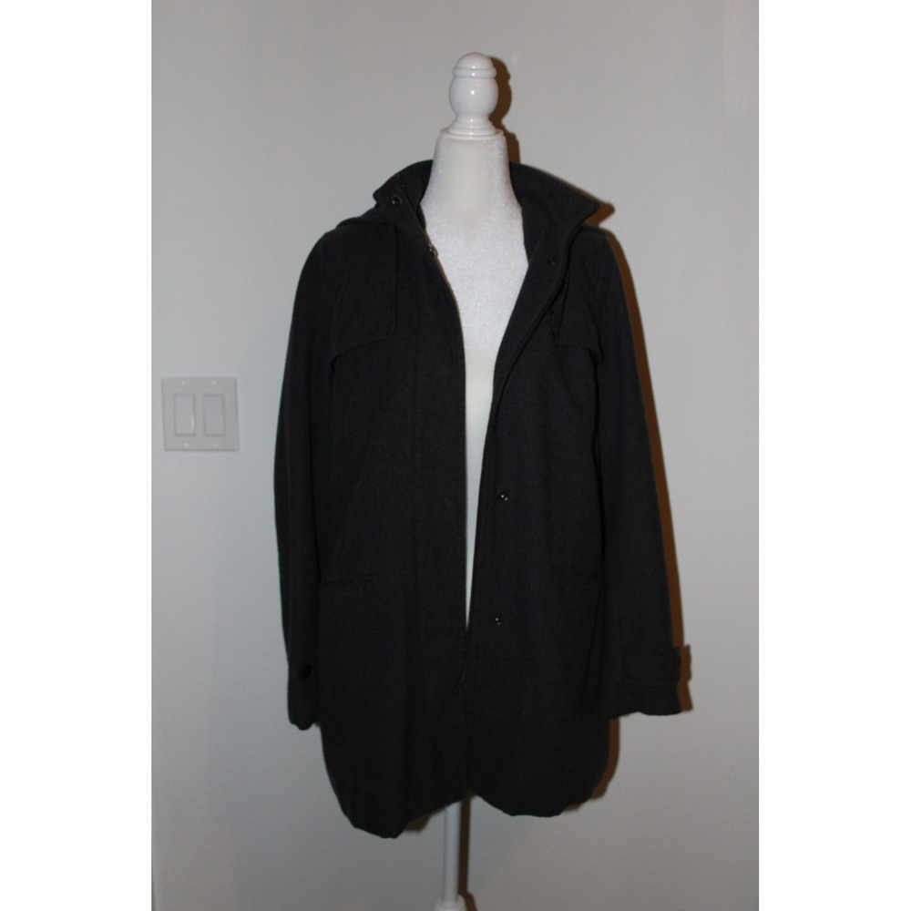 A New Day Charcoal Grey Hooded‎ Trench Coat Mid Length Zip Snap Front Jacket - Picture 5 of 8